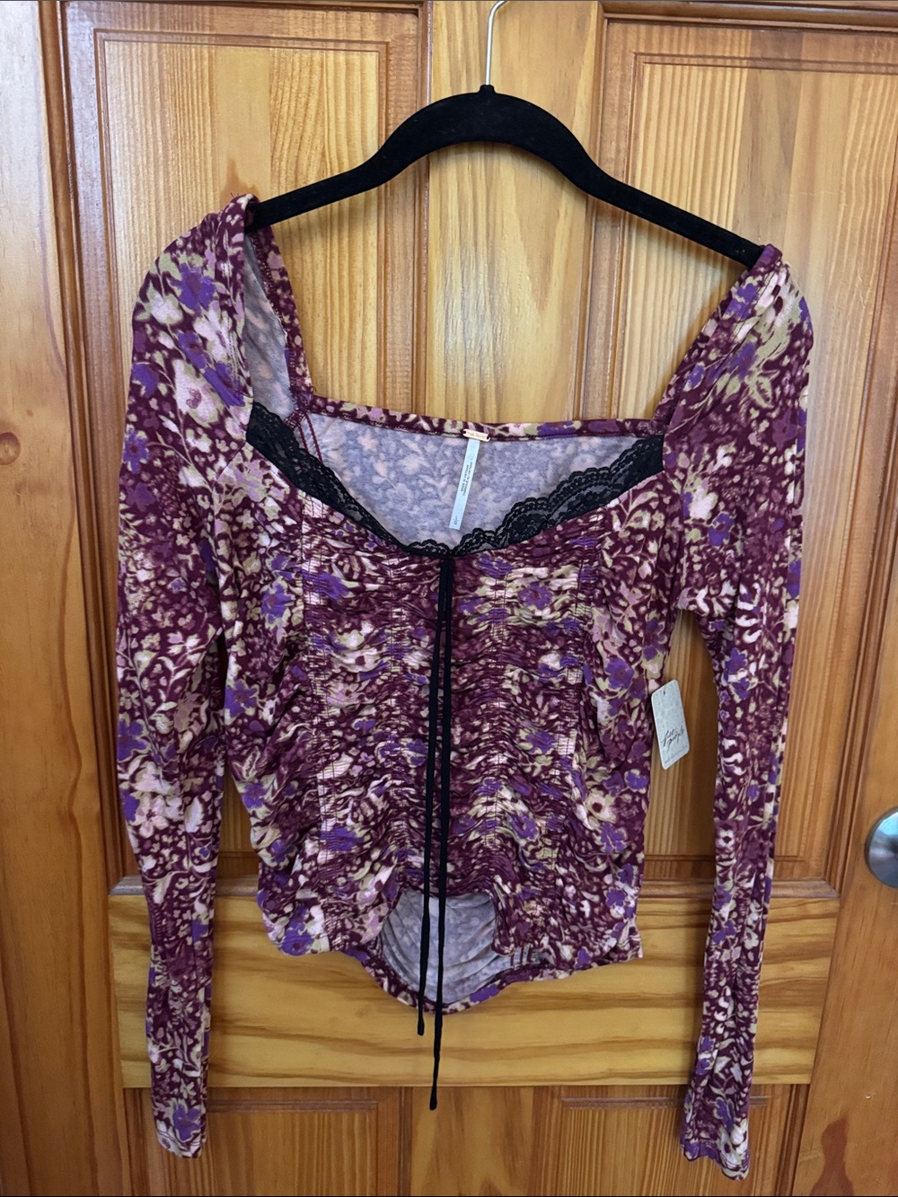 NWT Free People Purple Floral Lace-Trim Long Sleeve Women's Top